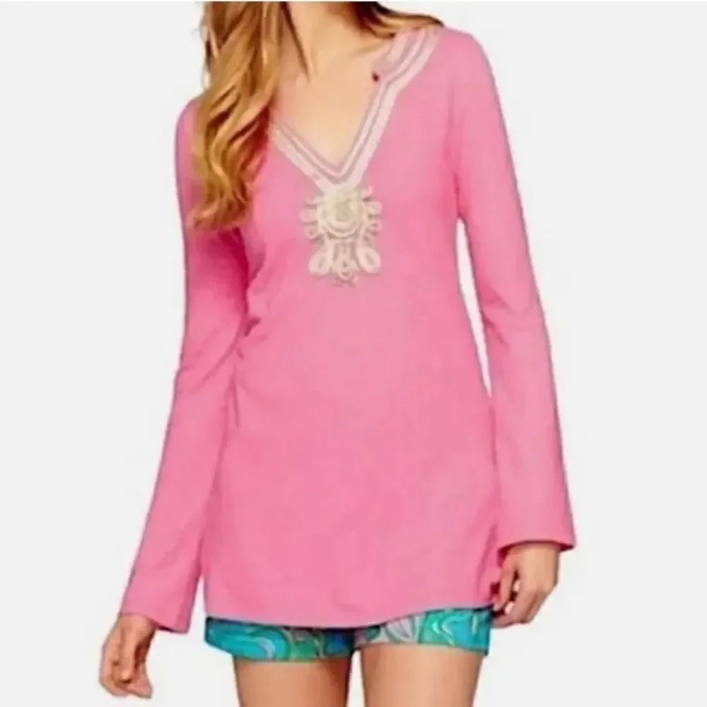 Lilly Pulitzer Emerson Hotty Pink Long Sleeve Tunic Top Gold Applique Trim S